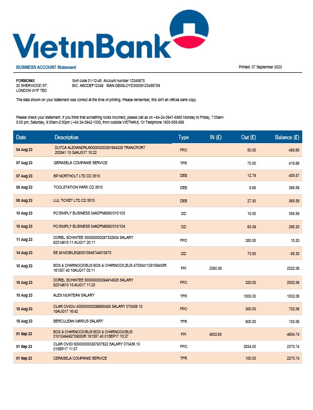 Modèle Word et PDF de relevé de compte d'entreprise de la Vietin Bank